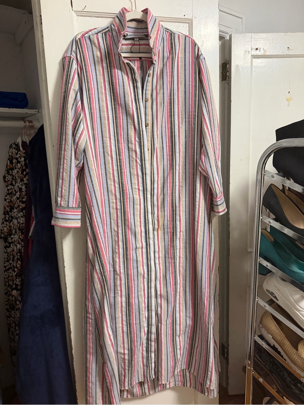 Striped Maxi Shirt Dress in Pink and White